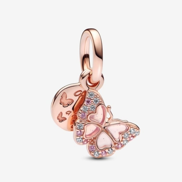 Pandora Pink Butterfly & Quote Double Dangle Charm 782555c0114k rose gold - Picture 1 of 4